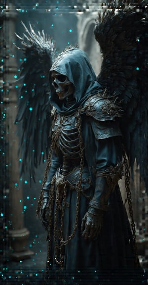 A haunting, masterfully detailed portrayal of a reaper angel with a fully visible skeletal face, illuminated by an eerie, ghostly cerulean glow. The dark, gothic armor is intricately designed with sharp spikes and engraved patterns, each detail in sharp focus and accented with striking cerulean hues. The figure stands in a powerful, dynamic pose, one arm outstretched and wrapped in heavy, rusted chains that cascade downward, creating a sense of fluid movement by Fateline. The skeletal face, exposed beneath the hood, stares out with empty, piercing eye sockets that glimmer faintly with an otherworldly light, enhancing the figure's intimidating presence. Large, raven-black wings extend from its back, each feather tinged with cerulean highlights that shimmer in the soft, ethereal light. These luminous tones balance against deep blacks and grays, casting an otherworldly glow over the reaper’s entire form, enhancing its spectral essence. The background fades into the shadowed depths of an ancient cathedral-like space, allowing the angelic reaper to dominate the scene with supernatural power. Tiny particles of dust and light float around the figure, sparkling softly, as if the very air is filled with whispered souls and memories. The entire scene is enveloped in a high-contrast, cinematic atmosphere, capturing the terrifying beauty and transcendent elegance of this spectral guardian.