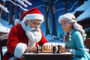portrait of a f a man like santa claus playing chess with mrs Santa claus, ultra realistic, 8k full HD, low angle, unreal engine 5, cinematic, masterpiece, insane detail, real photography, bright colors style, shiny white fluffy, bright big eyes, hairy tail, fairy tale, charming, and illusory engine 5 rendering 8k, prospect,intricately detailed, hyperdetailed, hyperrealistic, magical lighting, hd, outlines, blur, dynamic composition, wide angle, ghibli cinematic, studio ghibli illustration, ayami kojima, cinematic, super detailed, realistic octane render 8k,Snow