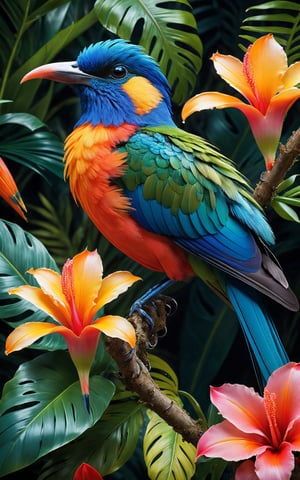 A breathtakingly beautiful tropical flower and a dazzling tropical bird are depicted in this stunning masterpiece. The intricate details of the tiny spirit female and the vibrant colors of the surroundings are captured with incredible precision in a wide-angle photograph of exceptionally sharp focus and high resolution. The image showcases the exquisitely delicate features of the flower and the mesmerizing plumage of the bird, creating a visual feast for the eyes. The high quality of this artwork allows viewers to fully appreciate the intricate beauty and colorful splendor of these tropical wonders.