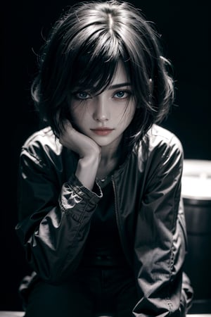 monochrome beautiful woman, perfect eyes, short black hair, bob cut with bangs, full lips,(black background:1.3), wearing an open jacket, sleeves rolled up, pants, moving her hair out of her face . black and white, contrast, tone, texture, detailed, (blush, blemishes:0.6), (goosebumps:0.5), subsurface scattering, iridescent eyes, detailed eyes, textured skin, realistic dull skin noise, visible skin detail, skin fuzz, dry skin, petite, remarkable color, photorealistic,Detailedface