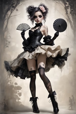 Storybook figure in dark kawaii style, victorian-punk outfit, one leg crossed over the other, holding a fan, grunge off-white and pale dogwood background, triple exposure effect, capturing the essence of perfect eyes, hands, body, utilizing drybrush technique, immaculate composition inspired by Brian Viveros, Tim Burton, Esao Andrews, Anne Stokes, complex pose, dynamic light and shadow, bold high quality, ultra fine digital
