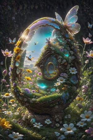 8k, RAW photo, best quality, masterpiece:1.2),a fairy house in the middle of a field of flowers, cgsociety contest winner, digital art, ornate egg, jean-sebastien rossbach, 3 d illutration, magical garden plant creatures, its detailed intricate, portrait shot, at behance, an egg, the birth, recusion beeple, style raw, sharp focus, hyperrealism, photorealistic, 16k, unreal engine 5, 8k,more detail XL,egg