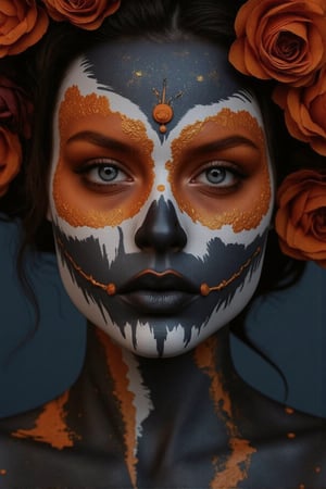 An ultra hd detailed, stunning, hyper realistic front direct view portrait of woman head,halloween make-up, capturing the intricate details, take by a Nikon D850, High-Key Lighting, by Fateline. 5d, really realistic, ultra-realistic, style raw, sharp focus, hyperrealism, photorealistic, 16k, unreal engine. dynamic Angle, high-resolution camera, Perspective