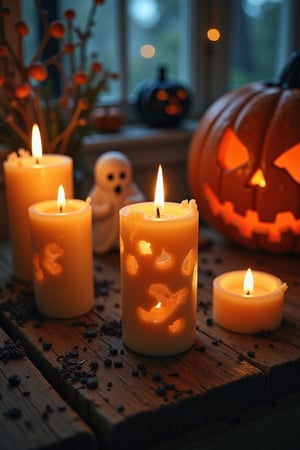 Halloween scene featuring the spooky candles ,small burning candles, dripping wax, ghostly figure, and carved pumpkin. dynamic Angle, high-resolution camera, Perspective