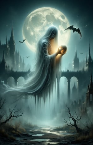 An ultra hd detailed, stunning, hyper realistic whimsical ghost draped in a flowing white sheet, gently holding a glow skull. The ghost floats in front of a gothic cityscape, with tall, pointed towers silhouetted against a glowing full moon. Bats flutter in the night sky, adding a spooky but playful vibe. (The moon:1.5) is large and radiant, casting soft shadows on the scene. The ground is covered in delicate, withered plants, while the bridge in the background stretches across a quiet river. Soft, muted colors with a vintage, storybook-like illustration style. No harsh shadows, gentle and eerie atmosphere. by Fateline. ultra realistic, 5d, really realistic, ultra-realistic, style raw, sharp focus, hyperrealism, photorealistic, 16k, unreal engine