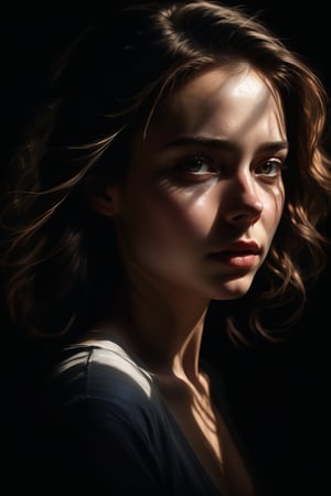 Portrait of a young woman emerging from shadows, chiaroscuro lighting highlighting her facial contours, mystery in her downturned gaze, background enveloped in darkness, soft texture of shadow play across skin, digital painting, high definition, cinematic lighting