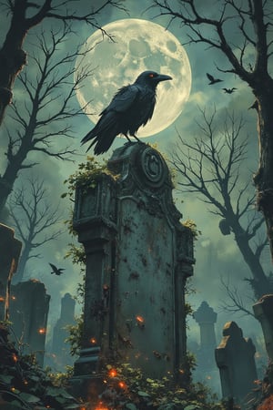 Dark, misty cemetery scene under a full moon, with a large, weathered tombstone in the foreground covered in creeping ivy and moss. A single raven perches ominously on top, its feathers glistening under the eerie moonlight. The moon is large and bright, casting a cold, pale glow over the scene, creating elongated shadows from surrounding tombstones. In the background, skeletal, leafless trees reach up, their twisted branches blending with the mist, while faint silhouettes of other ravens fly across the night sky by Fateline. The atmosphere is haunting, with a sense of quiet desolation. Ultra-detailed, high resolution (8K), realistic textures, with no human presence, capturing a gothic, unsettling ambiance. (tombstone :1.5), (raven :1.2), [background tombstones].
