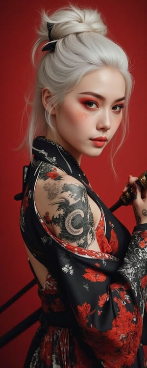 A striking portrait of a fierce, pale-skinned warrior woman with platinum-white hair tied up messily, wearing dark traditional Japanese robes adorned with vivid red floral patterns. Her intense gaze is framed by red eye makeup that extends dramatically, resembling bloodstreaks under her eyes. Her exposed back displays intricate black and gray tattoos of dragons and mythical symbols, adding an aura of mystery and strength by Fateline. She holds a beautifully crafted katana across her shoulder, the hilt wrapped in black and red, with ornate golden details. The background is a solid, intense crimson red, enhancing the powerful and dramatic mood of the scene. Ultra-detailed, high quality, 8K resolution, (soft lighting to highlight her expression and tattoos), no distorted features.