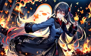 masterpiece, best quality, Hu Tao (genshin impact), wearing halloween costume, moves between the world of the dead and that of the living, white ghosts, fire, looking at viewer,extremely detailed CG unity 8k wallpaper), (best quality), (best illustration), (best shadow), realistic lighting,Evil Witch,genshin impact