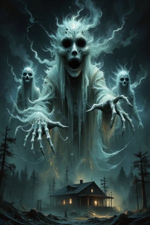 A dark, abandoned wooden cabin shrouded in dense fog with several ghostly figures emerging from the mist. The ghosts are semi-translucent, draped in tattered, flowing white shrouds, with hollow black eyes and gaping mouths, giving a look of silent, frozen screams. They reach forward with skeletal hands, their movements appearing unnatural and eerie, as if gliding towards the viewer. The fog swirls around their forms, blending with the shadows and adding a chilling, supernatural atmosphere by Fateline. The background is shadowy, with barely visible trees outlined in the mist, enhancing the haunted feeling of isolation. Ultra-detailed, high resolution (8K), realistic textures with a sinister, horror-inspired ambiance. (ghosts :1.5), [cabin in background], [fog].
