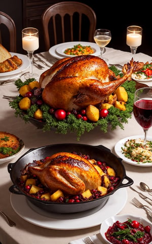 A peculiar Thanksgiving dinner table, adorned with an array of otherworldly dishes that defy traditional culinary norms. The table is depicted in a vibrant and surreal painting, where the fantastical food takes center stage. Each dish is a whimsical masterpiece, with bold colors and intricate details that bring them to life. The mashed potatoes are sculpted into swirling galaxies, the turkey is transformed into a mythical creature adorned with shimmering feathers, and the cranberry sauce sparkles like a precious gem. This mesmerizing image captivates the viewer with its impeccable craftsmanship and invites them into a world where imagination and taste collide.