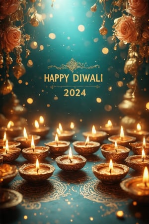 (diwali-inspired arrangement:1.5) of small oil lamps (diyas) delicately placed on a richly textured teal surface with intricate gold floral patterns and swirling celestial designs. The diyas emit a warm, golden glow, casting soft, flickering reflections on the surrounding surface. (Golden motifs:1.3) are finely detailed, adding depth and richness, and creating a sense of celebration and elegance. The teal background is subtly illuminated by the diya light, enhancing the vibrancy of the colors by Fateline. The text "HAPPY DIWALI 2024" is elegantly written in shimmering gold lettering across the top in an ornate, festive font, harmonizing with the intricate designs on the surface. Ultra-detailed, high quality, 8K resolution, (soft bokeh lighting in the background), no characters, no harsh shadows.