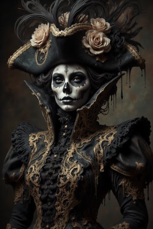 A hauntingly beautiful figure dressed in elaborate, gothic attire, inspired by Día de los Muertos. Her face is painted as a stunning sugar skull, with intricate golden details framing her eyes and forehead, blending into the stark white and black skeletal makeup. Her piercing dark eyes gaze out intensely from beneath a lavish black tricorne hat, adorned with large, pale flowers and dark feathers. She wears an ornate, gold-embroidered coat with high, regal collar and layers of rich, textured fabric, halloween costume by Fateline. The dim lighting emphasizes the luxurious textures of her outfit, casting soft shadows across her face, while her expression remains enigmatic and powerful, exuding an air of mystery and elegance in this richly detailed, baroque scene.