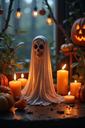 Halloween scene featuring the spooky candles ,small burning candles, dripping wax, ghostly figure, and carved pumpkin. dynamic Angle, high-resolution camera, Perspective