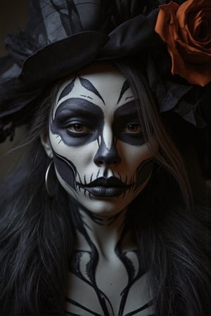 An ultra hd detailed, stunning, hyper realistic front direct view portrait of woman head,halloween make-up, capturing the intricate details, take by a Nikon D850, High-Key Lighting, by Fateline. 5d, really realistic, ultra-realistic, style raw, sharp focus, hyperrealism, photorealistic, 16k, unreal engine. dynamic Angle, high-resolution camera, Perspective