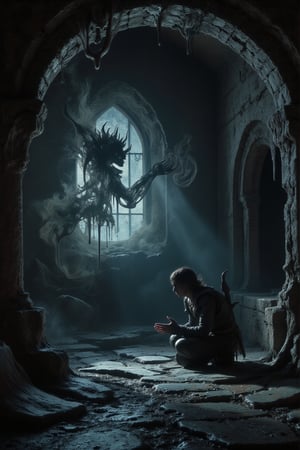 Depict a dark, eerie scene inside a dimly lit stone chamber with a broken window emitting faint, cold light. A young, medieval-looking man is kneeling on the ground, hunched over with a look of despair, staring at his trembling hands. Behind him, a menacing, shadowy creature with sharp, elongated claws emerges from the darkness, looming over the man as if ready to strike. The creature's form is distorted, smoky, and ethereal, giving it a haunting, supernatural appearance by Fateline. The atmosphere should be dark, tense, and filled with dread, highlighting the man's fear and the ominous presence of the shadow.