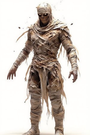 A full-body photograph of a Halloween mummy costume, featuring rotting, disintegrating bandages. The costume shows decayed fabric, with some sections unraveling and falling apart, revealing bits of withered skin underneath. The bandages are faded and frayed, some stained with dirt, giving a worn and ancient look by Fateline. The figure is standing upright against a clean, white background to emphasize the decaying textures. Ultra detailed, 8K quality, capturing every torn edge of the bandages. The disintegration effect is more pronounced around the arms and legs, with small fragments floating away. No other objects or characters.dynamic Angle, high-resolution camera, Perspective