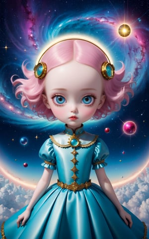 mark ryden, ray caesar, lowbrow style, masterpiece, best quality, highly detailed, sharp focus, dynamic lighting, vivid colors, texture detail, particle effects, storytelling elements, narrative flair, 16k, UE5, HDR, subject-background isolation, Nebula-Wandering Starchild, A cosmic traveler adorned with swirling galaxies and shimmering stardust, their eyes hold the secrets of the universe.
