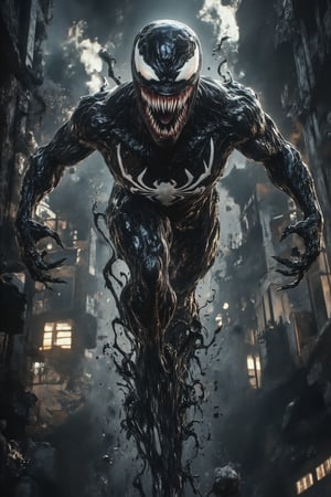 Venom girl with a terrifying, unhinged expression, her eyes glowing fiercely with a crazed look. Her sharp teeth are exposed in a wild grin, and her symbiote suit is slick and pulsing, with sharp, chaotic tendrils emerging erratically from her body. She's standing in a twisted, feral pose on top of a rusted car frame, the post-apocalyptic city ruins around her crumbling, with broken buildings looming in the fog. Volumetric light slices through the thick mist, casting eerie shadows, while the fog swirls around her like a living thing. Subsurface scattering gives a haunting realism to her pale, stretched skin underneath the symbiote's grip. Ultra-detailed textures emphasize every crack in the ruined structures, and sharp focus brings out the menacing detail of her suit and the gritty environment. The perspective captures her dominance, making the viewer feel small in the vast, devastated city. (Venom girl: 1.8), [ruins].