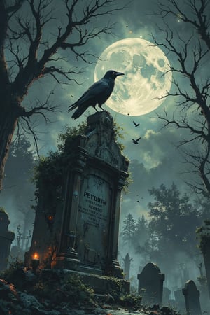 Dark, misty cemetery scene under a full moon, with a large, weathered tombstone in the foreground covered in creeping ivy and moss. A single raven perches ominously on top, its feathers glistening under the eerie moonlight. The moon is large and bright, casting a cold, pale glow over the scene, creating elongated shadows from surrounding tombstones. In the background, skeletal, leafless trees reach up, their twisted branches blending with the mist, while faint silhouettes of other ravens fly across the night sky by Fateline. The atmosphere is haunting, with a sense of quiet desolation. Ultra-detailed, high resolution (8K), realistic textures, with no human presence, capturing a gothic, unsettling ambiance. (tombstone :1.5), (raven :1.2), [background tombstones].
