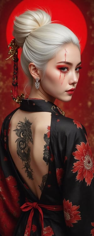 A striking portrait of a fierce, pale-skinned warrior woman with platinum-white hair tied up messily, wearing dark traditional Japanese robes adorned with vivid red floral patterns. Her intense gaze is framed by red eye makeup that extends dramatically, resembling bloodstreaks under her eyes. Her exposed back displays intricate black and gray tattoos of dragons and mythical symbols, adding an aura of mystery and strength by Fateline. She holds a beautifully crafted katana across her shoulder, the hilt wrapped in black and red, with ornate golden details. The background is a solid, intense crimson red, enhancing the powerful and dramatic mood of the scene. Ultra-detailed, high quality, 8K resolution, (soft lighting to highlight her expression and tattoos), no distorted features.