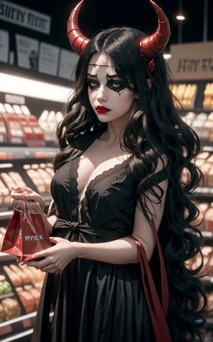 dark-theme, night,  high-quality image of a bustling supermarket filled with shoppers. Demonic supermarket, An ultra hd detailed, stunning, hyper realistic succubus demon, curvy woman, cute, demon horns, black long straight hair, blindfold, nose, red lips,  closed mouth, shopping, Ensure the demon blends seamlessly with the shoppers while adding an eerie and enigmatic atmosphere to the scene. style raw, ultra sharp focus, hyperrealism, photorealistic, 16k, unreal engine,1 girl,IncrsClownMakeupMeme,Detailedface