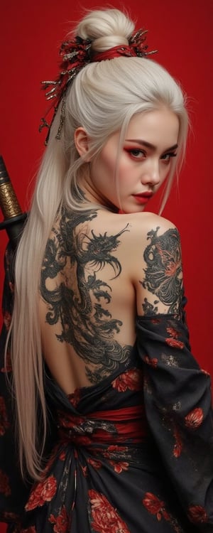 A striking portrait of a fierce, pale-skinned warrior woman with platinum-white hair tied up messily, wearing dark traditional Japanese robes adorned with vivid red floral patterns. Her intense gaze is framed by red eye makeup that extends dramatically, resembling bloodstreaks under her eyes. Her exposed back displays intricate black and gray tattoos of dragons and mythical symbols, adding an aura of mystery and strength by Fateline. She holds a beautifully crafted katana across her shoulder, the hilt wrapped in black and red, with ornate golden details. The background is a solid, intense crimson red, enhancing the powerful and dramatic mood of the scene. Ultra-detailed, high quality, 8K resolution, (soft lighting to highlight her expression and tattoos), no distorted features.