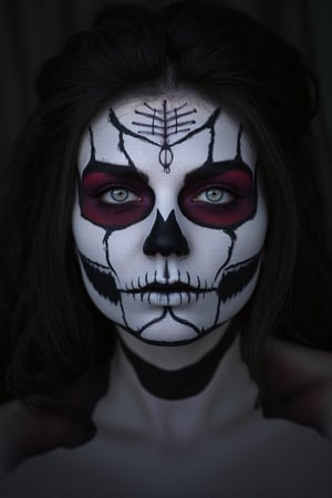 AA close-up portrait of a woman's face with intricate Halloween makeup, designed to be both eerie and artistic. Her skin is painted a pale, ghostly white with detailed, black spiderweb patterns stretching from her eyes across her cheeks. Her lips are dark, almost black, with subtle cracks forming as if her skin is breaking apart. Around her eyes, the makeup creates a hollow, sunken effect with red and purple tones blending into the shadows, adding depth and intensity by Fateline. The makeup also features small, detailed skull and bone motifs near her temples. Her hair is dark and wild, flowing loosely, adding to the unsettling look. The lighting is low and dramatic, casting shadows that highlight the intricate details. Ultra-detailed, 8K quality, with a hyper-realistic style, no distorted features, and no background distractions, focusing entirely on her haunting, carefully designed face.