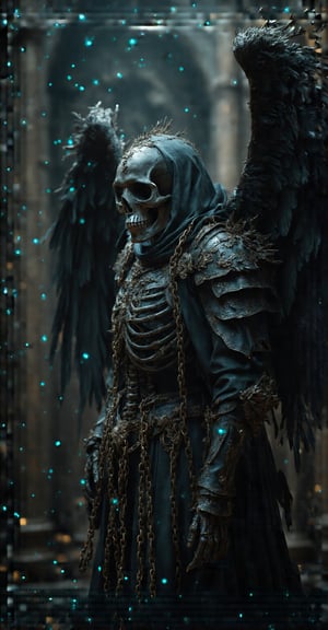 A haunting, masterfully detailed portrayal of a reaper angel with a fully visible skeletal face, illuminated by an eerie, ghostly cerulean glow. The dark, gothic armor is intricately designed with sharp spikes and engraved patterns, each detail in sharp focus and accented with striking cerulean hues. The figure stands in a powerful, dynamic pose, one arm outstretched and wrapped in heavy, rusted chains that cascade downward, creating a sense of fluid movement by Fateline. The skeletal face, exposed beneath the hood, stares out with empty, piercing eye sockets that glimmer faintly with an otherworldly light, enhancing the figure's intimidating presence. Large, raven-black wings extend from its back, each feather tinged with cerulean highlights that shimmer in the soft, ethereal light. These luminous tones balance against deep blacks and grays, casting an otherworldly glow over the reaper’s entire form, enhancing its spectral essence. The background fades into the shadowed depths of an ancient cathedral-like space, allowing the angelic reaper to dominate the scene with supernatural power. Tiny particles of dust and light float around the figure, sparkling softly, as if the very air is filled with whispered souls and memories. The entire scene is enveloped in a high-contrast, cinematic atmosphere, capturing the terrifying beauty and transcendent elegance of this spectral guardian.