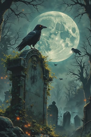 Dark, misty cemetery scene under a full moon, with a large, weathered tombstone in the foreground covered in creeping ivy and moss. A single raven perches ominously on top, its feathers glistening under the eerie moonlight. The moon is large and bright, casting a cold, pale glow over the scene, creating elongated shadows from surrounding tombstones. In the background, skeletal, leafless trees reach up, their twisted branches blending with the mist, while faint silhouettes of other ravens fly across the night sky by Fateline. The atmosphere is haunting, with a sense of quiet desolation. Ultra-detailed, high resolution (8K), realistic textures, with no human presence, capturing a gothic, unsettling ambiance. (tombstone :1.5), (raven :1.2), [background tombstones].
