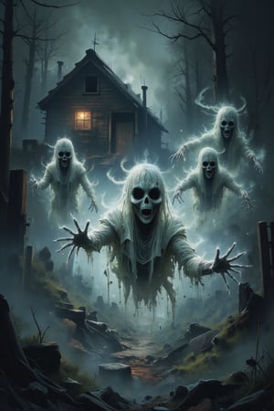 A dark, abandoned wooden cabin shrouded in dense fog with several ghostly figures emerging from the mist. The ghosts are semi-translucent, draped in tattered, flowing white shrouds, with hollow black eyes and gaping mouths, giving a look of silent, frozen screams. They reach forward with skeletal hands, their movements appearing unnatural and eerie, as if gliding towards the viewer. The fog swirls around their forms, blending with the shadows and adding a chilling, supernatural atmosphere by Fateline. The background is shadowy, with barely visible trees outlined in the mist, enhancing the haunted feeling of isolation. Ultra-detailed, high resolution (8K), realistic textures with a sinister, horror-inspired ambiance. (ghosts :1.5), [cabin in background], [fog].
