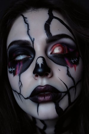 AA close-up portrait of a woman's face with intricate Halloween makeup, designed to be both eerie and artistic. Her skin is painted a pale, ghostly white with detailed, black spiderweb patterns stretching from her eyes across her cheeks. Her lips are dark, almost black, with subtle cracks forming as if her skin is breaking apart. Around her eyes, the makeup creates a hollow, sunken effect with red and purple tones blending into the shadows, adding depth and intensity by Fateline. The makeup also features small, detailed skull and bone motifs near her temples. Her hair is dark and wild, flowing loosely, adding to the unsettling look. The lighting is low and dramatic, casting shadows that highlight the intricate details. Ultra-detailed, 8K quality, with a hyper-realistic style, no distorted features, and no background distractions, focusing entirely on her haunting, carefully designed face.