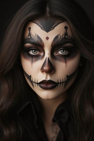 An ultra hd detailed, stunning, hyper realistic front direct view portrait of woman head,halloween make-up, capturing the intricate details, take by a Nikon D850, High-Key Lighting, by Fateline. 5d, really realistic, ultra-realistic, style raw, sharp focus, hyperrealism, photorealistic, 16k, unreal engine. dynamic Angle, high-resolution camera, Perspective