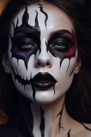 AA close-up portrait of a woman's face with intricate Halloween makeup, designed to be both eerie and artistic. Her skin is painted a pale, ghostly white with detailed, black spiderweb patterns stretching from her eyes across her cheeks. Her lips are dark, almost black, with subtle cracks forming as if her skin is breaking apart. Around her eyes, the makeup creates a hollow, sunken effect with red and purple tones blending into the shadows, adding depth and intensity by Fateline. The makeup also features small, detailed skull and bone motifs near her temples. Her hair is dark and wild, flowing loosely, adding to the unsettling look. The lighting is low and dramatic, casting shadows that highlight the intricate details. Ultra-detailed, 8K quality, with a hyper-realistic style, no distorted features, and no background distractions, focusing entirely on her haunting, carefully designed face.