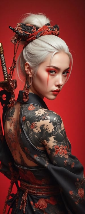 A striking portrait of a fierce, pale-skinned warrior woman with platinum-white hair tied up messily, wearing dark traditional Japanese robes adorned with vivid red floral patterns. Her intense gaze is framed by red eye makeup that extends dramatically, resembling bloodstreaks under her eyes. Her exposed back displays intricate black and gray tattoos of dragons and mythical symbols, adding an aura of mystery and strength by Fateline. She holds a beautifully crafted katana across her shoulder, the hilt wrapped in black and red, with ornate golden details. The background is a solid, intense crimson red, enhancing the powerful and dramatic mood of the scene. Ultra-detailed, high quality, 8K resolution, (soft lighting to highlight her expression and tattoos), no distorted features.