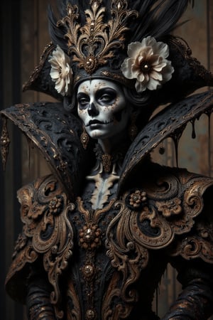 A hauntingly beautiful figure dressed in elaborate, gothic attire, inspired by Día de los Muertos. Her face is painted as a stunning sugar skull, with intricate golden details framing her eyes and forehead, blending into the stark white and black skeletal makeup. Her piercing dark eyes gaze out intensely from beneath a lavish black tricorne hat, adorned with large, pale flowers and dark feathers. She wears an ornate, gold-embroidered coat with high, regal collar and layers of rich, textured fabric, halloween costume by Fateline. The dim lighting emphasizes the luxurious textures of her outfit, casting soft shadows across her face, while her expression remains enigmatic and powerful, exuding an air of mystery and elegance in this richly detailed, baroque scene.