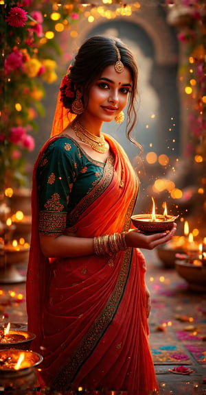 A beautiful Indian woman celebrating Diwali, standing gracefully in traditional attire. She wears an elegant sari with intricate golden embroidery, draped perfectly to highlight her flawless figure. Her shiny eyes reflect the warm glow of a diya she holds delicately in her hands, casting a soft, magical light on her face. She has a gentle, cute smile that radiates warmth and joy by Fateline. Behind her, the background is filled with twinkling lights, colorful rangoli designs, and festive decorations, enhancing the Diwali ambiance. Ultra-detailed, 8K quality, vibrant colors, soft lighting, no deformations. (diya glow: 1.5), [festive background].