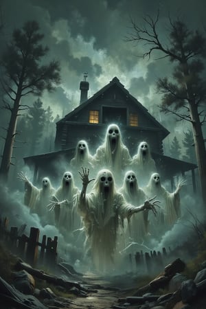 A dark, abandoned wooden cabin shrouded in dense fog with several ghostly figures emerging from the mist. The ghosts are semi-translucent, draped in tattered, flowing white shrouds, with hollow black eyes and gaping mouths, giving a look of silent, frozen screams. They reach forward with skeletal hands, their movements appearing unnatural and eerie, as if gliding towards the viewer. The fog swirls around their forms, blending with the shadows and adding a chilling, supernatural atmosphere by Fateline. The background is shadowy, with barely visible trees outlined in the mist, enhancing the haunted feeling of isolation. Ultra-detailed, high resolution (8K), realistic textures with a sinister, horror-inspired ambiance. (ghosts :1.5), [cabin in background], [fog].
