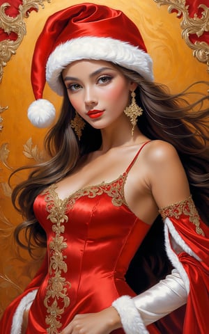 An anthropomorphic girl wearing a Santa Claus hat is the main subject of this captivating image. Designed by Brom, the exquisite red silk of her dress is adorned with intricate golden filigree. The girl stands against a breathtaking Christmas background, adding to the festive ambiance. The image, whether a painting, photograph, or digital creation, showcases the richness of color and attention to detail. With its high artistic quality, this visually stunning portrayal of the anthropomorphic girl evokes a sense of awe and admiration.