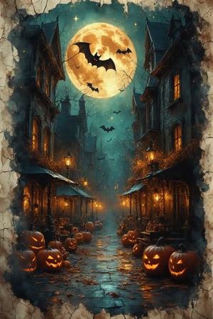 An atmospheric Halloween street scene filled with realistic, detailed, and elegant Halloween elements like bats and eerie decorations, inspired by the style of Fateline. The artwork is a fluid, intricate painting on antique, cracked, and burned paper, capturing an abstract expressionist vibe with vintage, cinematic double exposure. The piece showcases close-up elements, with transparent textures, glowing stars, and an astral aura, conveying the magic of Halloween night. Expressive brushstrokes reminiscent of Kuindzhi, Dan Mumford, and Andy Kehoe blend with dynamic lighting and shadow play, adding depth and a hauntingly cinematic quality. The intricate detailing, transparency, and masterful use of shadow sparks create a rich, enchanting Halloween ambiance.