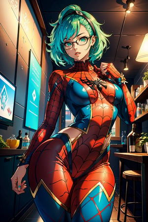highres, best quality:1.2), intricate details, vibrant image, sharpness, colorful,  woman with green hair in a very tight spiderman cosplay, sexy