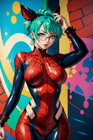 highres, best quality:1.2), intricate details, vibrant image, sharpness, colorful,  woman with green hair in a very tight spiderman cosplay, lewd