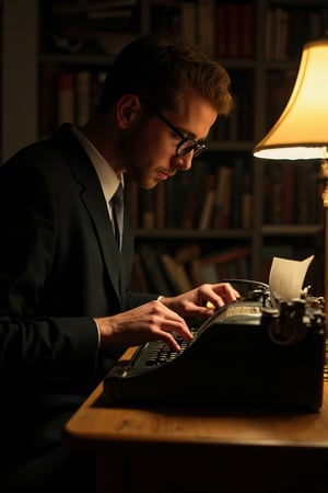 A mid  shot of a bespectacled man sitting in a dimly lit room, his fingers flying across the keyboard as he types away on an old typewriter. The soft glow of the lamp casts a warm light on his face, illuminating his focused expression. His suit and tie are slightly rumpled, hinting at a long day spent indoors. there is a bookshelf in the background