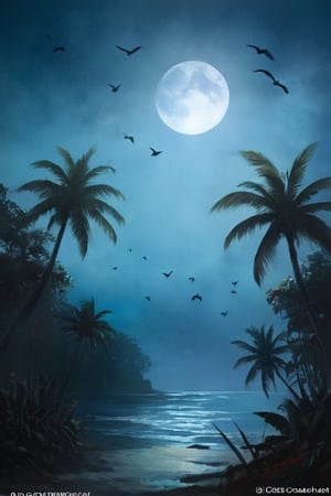 a mistery tropical  island, at night, moon , dark , fog , birds in the sky,greg rutkowski