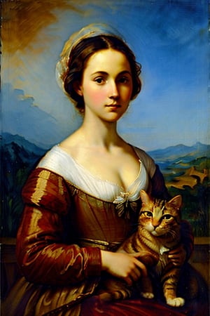 (masterpiece, drop_shadow, subsurface scattering), oil painting, portrait, in the style of the high enaissance and raphael, "A young woman with a cat. Like Sherlock Holmes. Dressed in a décolleté dress".