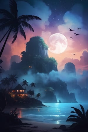 a mistery tropical  island, at night, moon , dark , fog , birds in the sky