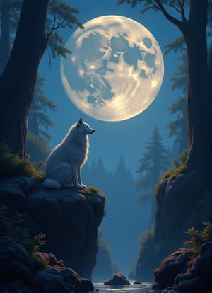 a glowing white wolf sitting on grassy cliff while looking up watching a big  huge fullmoon. left and right framing by trees and plants,10xRFBoost,cartoonish 3D painting,Fantasy detailers 