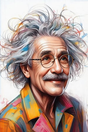 old man Einstein, long wind-blown hair,stylish glasses,sweet radiant smile,stylish old fashion outfit,in simples line art
,dynamic pose ,vibrant pallete colors
splashes,joyful atmosphere, vector
illustration, isolated graphic,white
background,fauvism,Whimsical Kiko,Digital Illustration,FineArt 