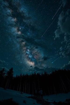 Men standing on the mountain looking up at the sky.mid night.  Blue light. Blue night. Jungle of  Pine trees and the sky full of stars