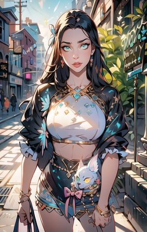 The best quality,superrealism,(ultra detailed face),(perfectly drawn body),((perfectly detailed glowing eyes:1.2)),dynamic pose,(natural pose),surreal and perfect digital illustration of a libra zodiac sign princess,majestic flowing black hair,beautiful celestial princess,opalescent translucent iridescent dress, beautiful green eyes,edgy hair bun with big bow,elegant,sophisticated,retrofuturism, romantic academia aesthetic, drawing, surrealism, magic realism, pop surrealism, ethereal, visual delirium,full beauty, full_body,full shot,painting on canvas, detailed, intricate, cute, white lilac orange blue fuchsia colors, bright vivid gradient colors, by Mindy Sommers, by Jantina Peperkamp, by Olga Esther , by Veronica Minozzi, by Olga Shvartsur, by Gilbert Williams, masterpiece, award winning,perfectly detailed.